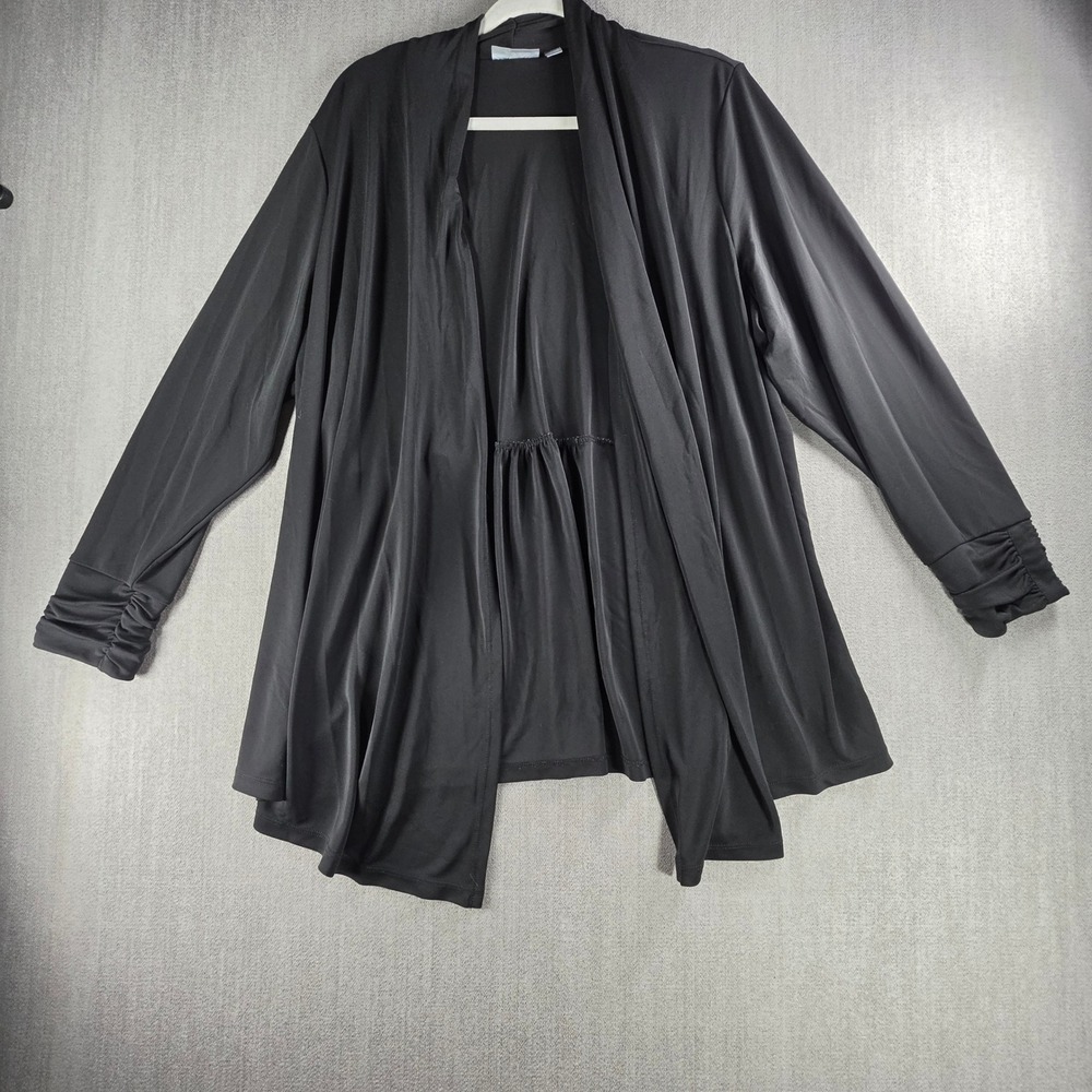 Susan Graver Cardigan Women 2X Black Premier Liquid Knit Peplum Ruched‎ Sleeve